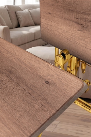Eranş Serisi 4'lü Katlanır Mdf Mebran Ahşap Çanta Zigon Sehpa Gold Ayak Koyu Ahşap Desen Gold Ayak