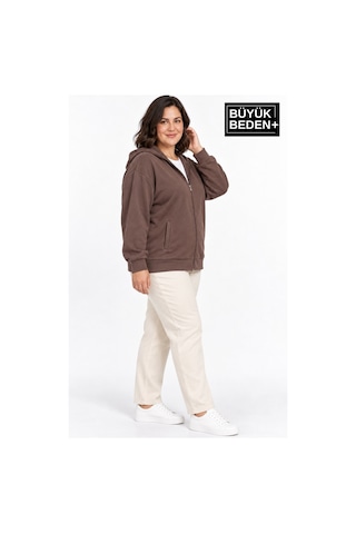 Süperlife Kadın Büyük Beden Fermuarlı Kapüşonlu Cepli Sweatshirt Hırka Rahat Kalıp Spr26bhrk961 Kahverengi