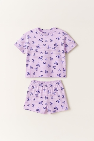 Kız Çocuk %100 Pamuk Kurdela Desenli Şortlu Takım 3-4 Yaş 8-9 Yaş Mor