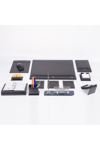 Siyah 10 Parça Düğmeli Sümen Takımı – Kalemli Kristal Masa İsimlik