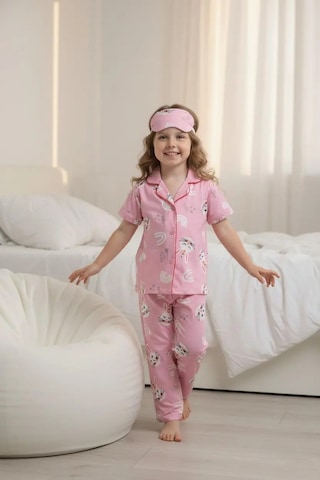 Lillypicca Pembe Desenli Pamuklu Önden Düğmeli Göz Bantlı Kısa Kol Pijama Takımı 8024 Somon