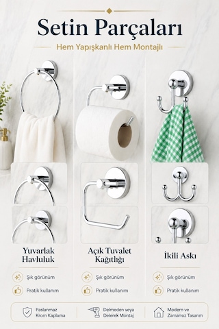 Alper Banyo Krom 3'Lü Banyo Seti, Yuvarlak Havluluk, Kağıtlık Ve Bornoz Askısı
