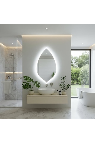 70x120 Cm Damla Form Led Ayna Dokunmatik, Dim Edilebilir, 6500 Beyaz Işık Modern Duvar Aynası Beyaz