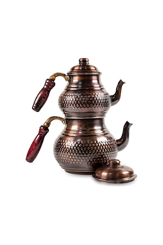 Antepsepeti Bakır Eskitme Hasır Modelli Çaydanlık 4