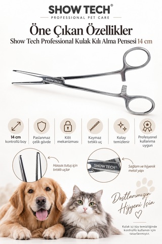 Showtech Professional Kedi Köpek Kulak Kılı Alma Pensesi 14 Cm