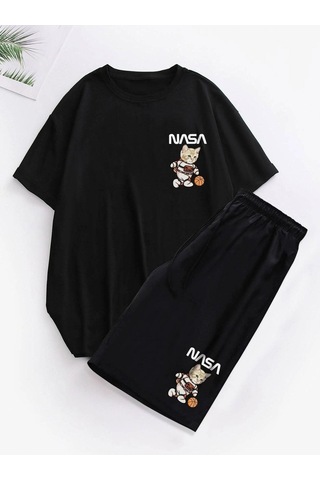 Siyah Nasa Kedi Baskılı Şort T-shirt Takım Siyah