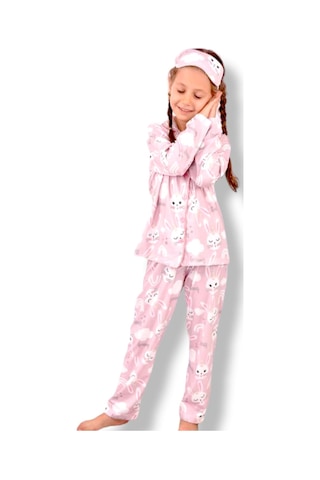Kız Çocuk Soft Renk Desenli Pijama Takımı Yeni Sezon Son Moda Uyku - Göz Bandı Dahil Soft Pembe