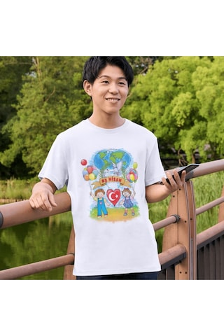 Alpşan Ticaret Çocuk Bayramı 23 Nisan T-shirt Beyaz Çocuk Yetişkin Tişört Unisex T-shirt 23 Nisan 58 Beyaz