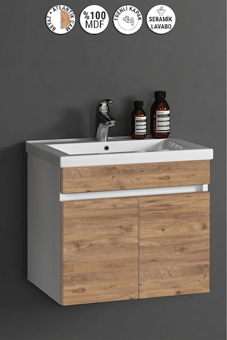 Çiğdem 65 Cm Beyaz -atlantik Çam Mdf Seramik Lavabolu Asma Banyo Alt Dolabı Beyaz - Atlantik Çam