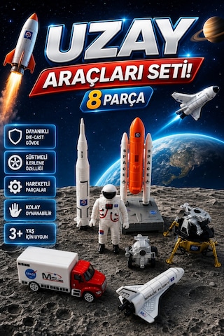 8 Parça Metal Uzay Araçları Seti Die-cast Astronot Uzay Mekiği Ve Roket Oyuncak 3+ Yaş Çok Renkli