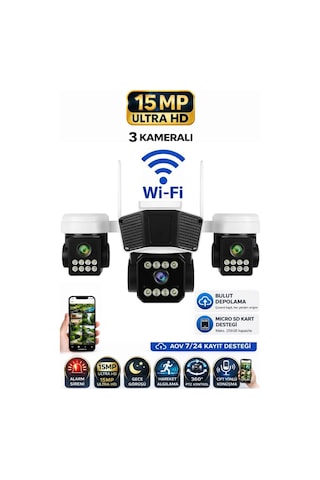 Rx95w Wifi 3 Kameralı Güvenlik Kamerası 15mp Ultra Hd Ptz Hareketli Sesli Gece Görüşlü Akıllı Kamera