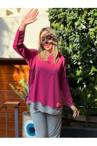 Ge Ticaret Kadın Pembe Kapşonlu Etek Ucu Detay Arma Ters Dikiş Gorunumlu Ikili Takım Pembe