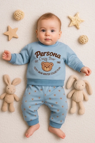 Veraura Lifestyle Persona Bear Nakışlı % 100 Pamuk 2'li Erkek Bebek Takım MAvi