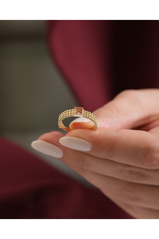 Debora Jewelry 14 Ayar Altın Kare Model Şampanya Taşlı Yüzük