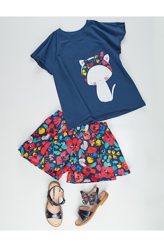 Denokids Çiçekli Kedi Kız Şort Takım Çok Renkli