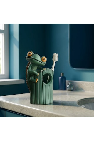Sevimli Kertenkele Çocuk Diş Fırçalık 3d Baskı Diş Fırçası Standı Banyo Düzenleyici Koyu Yeşil