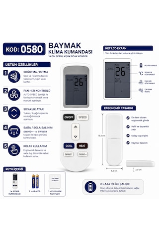 Baymak 0580 Klima Kumandası Lcd Ekranlı Isıtma Soğutma Fan Hız Ayarlı Swing Fonksiyonlu Yedek Kumanda