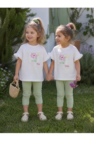 Baby Lory Kids Store Kız Çocuk Yeşil Tayt Çiçekli Takım Yeşil - Beyaz