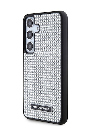 Galaxy S24 Uyumlu Kılıf Taşlı Metal Logo Lisanslı Kapak Gümüş
