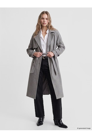 Lcw Vision Gri Kruvaze Yaka Oversize Kadın Kaşe Kaban