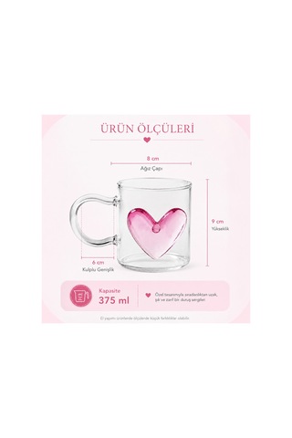 Kalp Detaylı Cam Kupa Bardak 375 Ml 3 Boyutlu Pembe Kalpli Şeffaf Kahve Fincanı Borosilikat Görünümlü Estetik Tasarım Çay Kahve Kupası Pembe