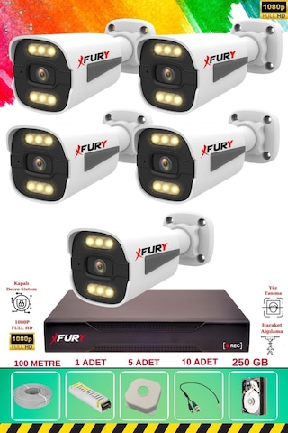 Fury 5 Kameralı 6 Warm Led Gece Renkli Görüş-cepten İzle-su Geçirmez Güvenlik Kamerası Seti 250gb