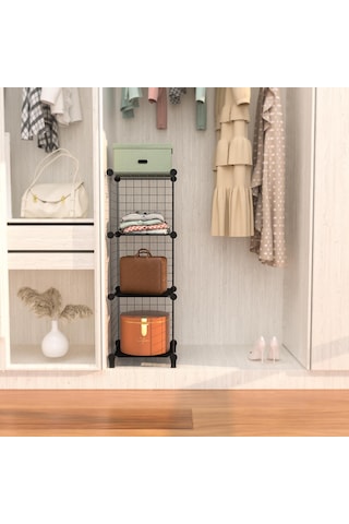 Dekoratif Tel Kafes Tasarımlı 3 Bölmeli Raf - Çok Amaçlı Tel Dolap Siyah