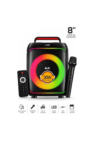 Diğer - Siyah - Mikrofonlu Karaoke Blic Bls-80 30w Kablosuz Bluetooth Hoparlör Led Işıklı Karaoke Parti Hoparlörü