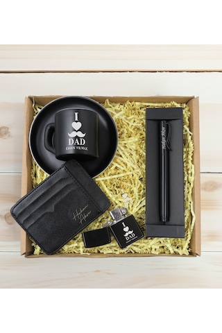 Bk Gift Kişiye Özel İsimli Baba Temalı Siyah Türk Kahvesi Fincanı&metal Kalem&çakmak&kartlık Cüzdan Hediye Seti, Sevgiliye Hediye-1, Babaya Hediye, Ba