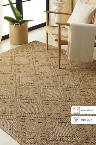 Ocean Home Textile Yıkanabilir Saçaklı Jüt Görünümlü Naturel Renk Karo Desenli Halı Kilim 160 X 230 Cm