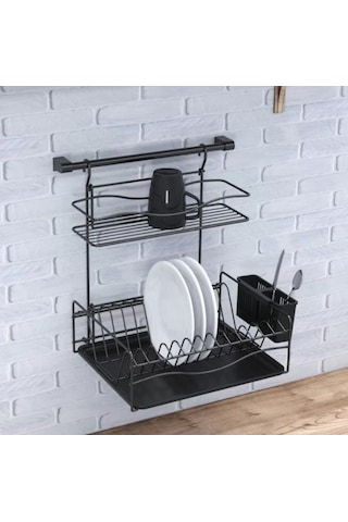 Geseus Home Borulu Askılı Bardaklık Tabaklık Bulaşıklık Mat Siyah