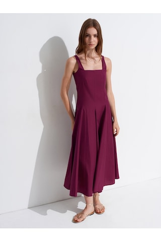 DİLVİN 90941 Kare Yaka Askılı Midi Elbise-bordo