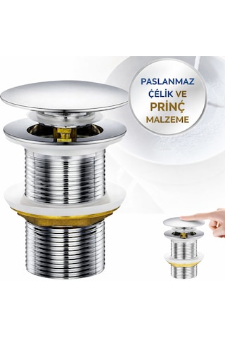 Lavabo Pop-up Gider Süzgeci Paslanmaz Çelik & Pirinç Gövde, Gider Borusu Dahil Set Metalik