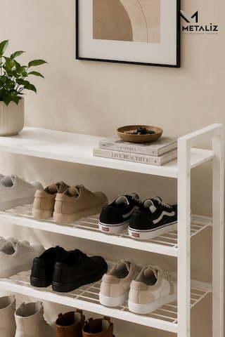 Loft 4 Katlı Siyah Metal Ayakkabılık, Ahşap Mdf Tablalı, Çok Amaçlı Ayakkabı Düzenleyici, 77x30x70 Cm Beyaz