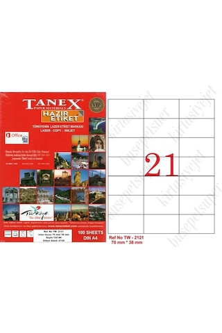 Tanex Tw-2121 Ebat 70 X 38 MM Lazer Etiket A4 Sayfada 21 Etiket