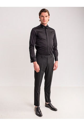 Dufy Siyah Erkek Slim Fit Ata Yaka Uzun Kol Gömlek - 60901 Siyah