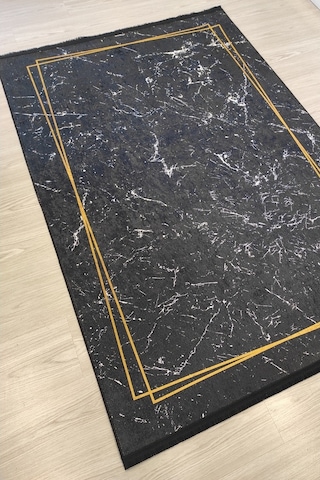 Siyah Gold Salon Halısı Mermer Desenli Siyah Mutfak Halısı