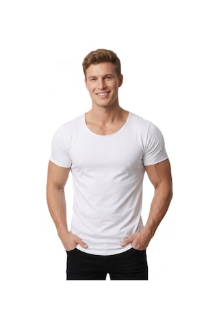 Deepsea Erkek Beyaz Geniş Yaka Likralı Tişört Oval Yaka Slim Fit Eteği Oval Açık Yaka T-shirt 1801199 Beyaz