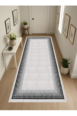 Siyah Gri Dijital Baskı Salon Halısı Kaymaz Tabanlı Yıkanabilir Halı Yolluk 529 Gri