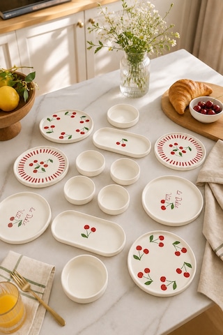 Vita Cherry 14 Parça 6 Kişilik Stackable Kahvaltı Takımı - Lüx Kahvaltılık Sunum Seti Tabağı Beyaz