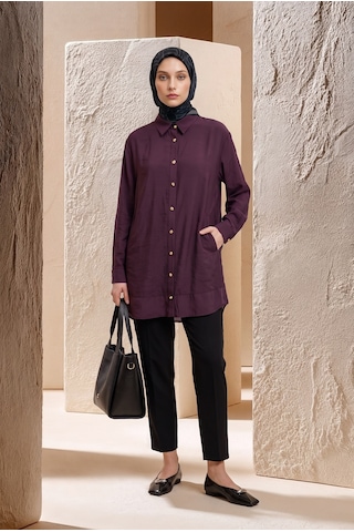 Armine Trend Gold Düğme Detaylı Klasik Yaka Uzun Tunik Rahat Kesim Şık Tesettür Tunik Modeli 89 Cm Boy Bordo 26yt471