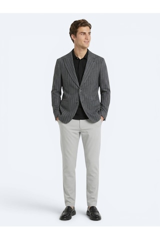 Kip Antrasit Çizgili Modern Fit Keten Karışımlı Ceket