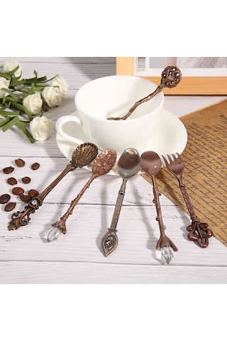 Dianziye Kırmızı Bronz Kalp Kolu 6 Parça Retro Zink Alloy Kaşık Ve Çatal Seti - Ev, Bar, Kafe İçin Pratik Mutfak Aksesuarı Diğer