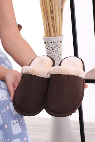Wordex U050 Unisex Kışlık Ev İçi Terliği Kürklü Yünlü Terlik Kahverengi