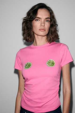 Grımelange Vunıka Kadın Yumuşak Kumaşlı Baskı Detaylı Slim Fit Pembe T-shirt Pembe
