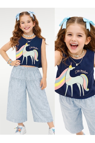 Denokids Kız Çocuk Takım İkili Unicorn Penye T-shirt Dokuma Geniş Paça Pantolon Yazlık 4-10 Yaş Çok Renkli