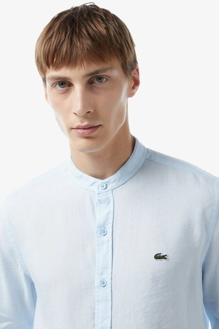 Lacoste Men's Regular Fit Button-down Collar Linen Shirt Erkek Düğmeli Hakim Yaka Keten Gömlek Mavi