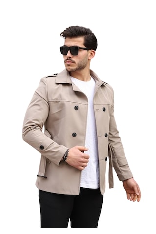 Mero Life Erkek Krem Mevsimlik Astarlı Kemerli Kruvaze Trençkot Krem