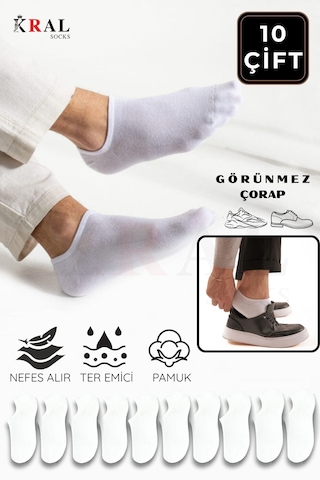 Kral Socks Kadın - Erkek Pamuklu Terletmez 10'lu - 10 Çift Yazlık Görünmez Çorap Beyaz