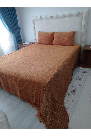 Tavşan Tüyü El Dokuma Çift Kişilik Yatak Örtüsü 280x260 -kremit Kiremit
